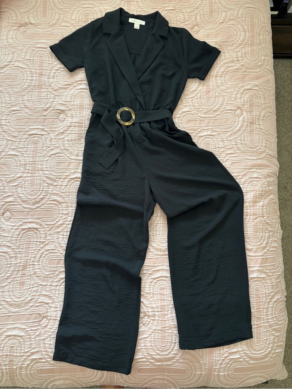 Black Short-Sleeve Wrap Jumpsuit with Belt